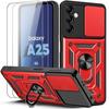 Protective Case - BOOLING - for Samsung Galaxy A25 5G - Red - Shockproof - Rotating Ring - with 2 Tempered Glasses