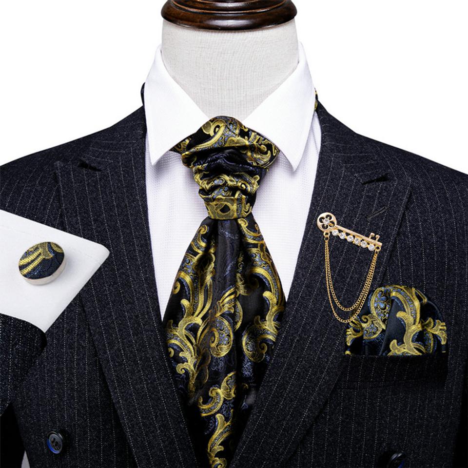 Barry.Wang Mens Ascot with Brooch Floral Jacquard Silk Cravat Tie Hanky Cufflinks Set