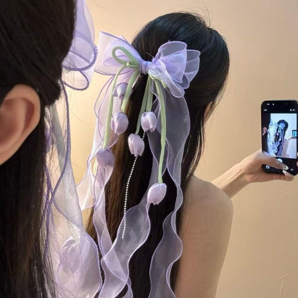 Fairy Style Tulip Hair Clips Pendant Tassel Organza Bowknot Barrette Feminine