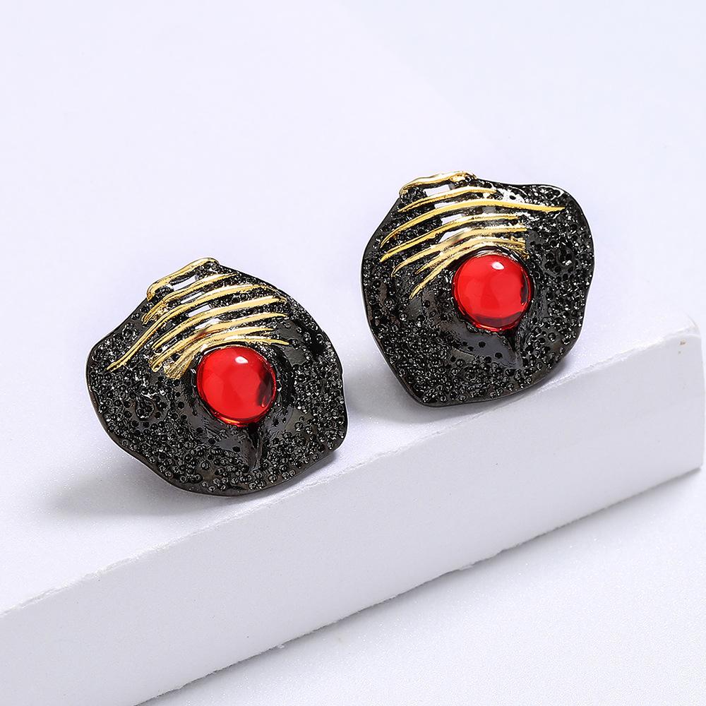Creative Earring for Women Unique Irregular Black Gold Earring Inlaid Red Gemstone Earring Italian Jewelry Earring Women Jewelry