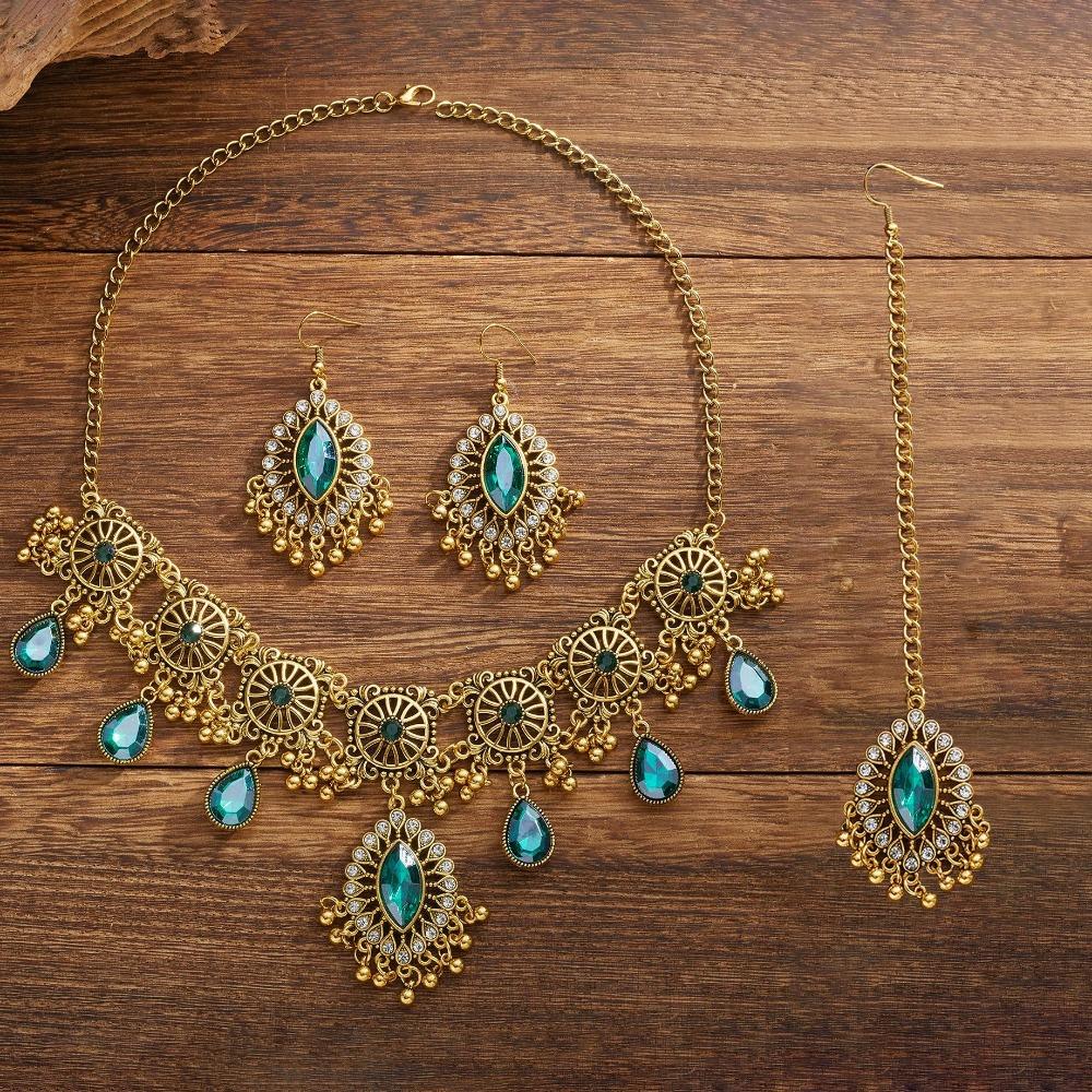 Rhinestone Inlaid Necklace Earrings Set Hollowed Out Forehead Ornament  Bridal