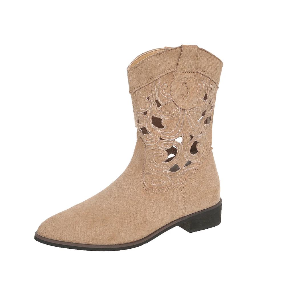 Fashion Slip-on Block Heel Single Boots Autumn New Pointed Embroidery Hollow-out Soft-sole Anti-slip Wear-resistant Booties