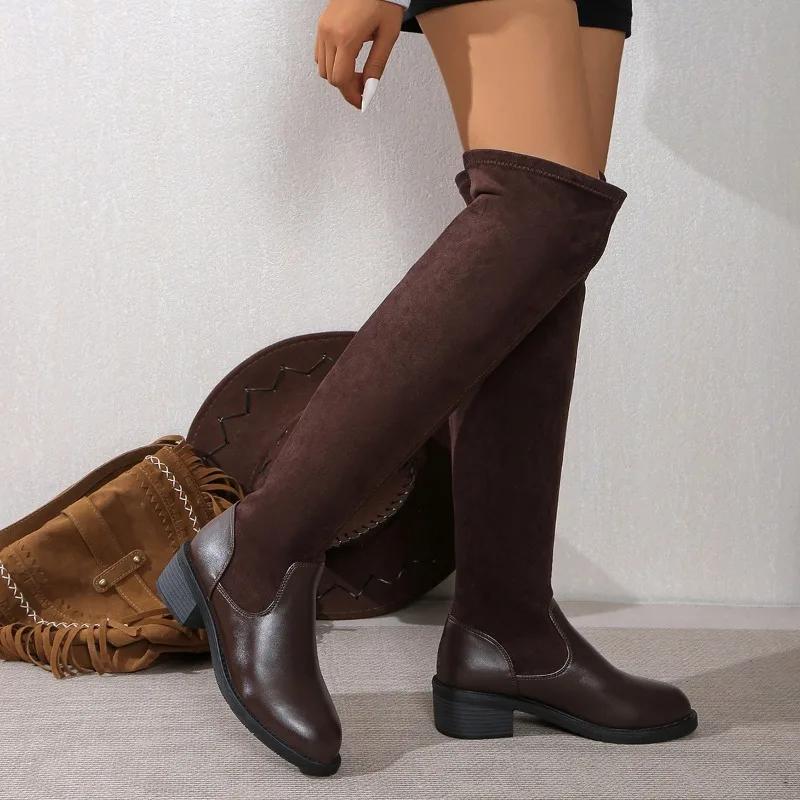 2024 Брендовые женские туфли Женские сапоги выше колена Лаконичные современные сапоги Женские туфли с круглым носком на низком каблуке Слипоны Большие размеры Женские
