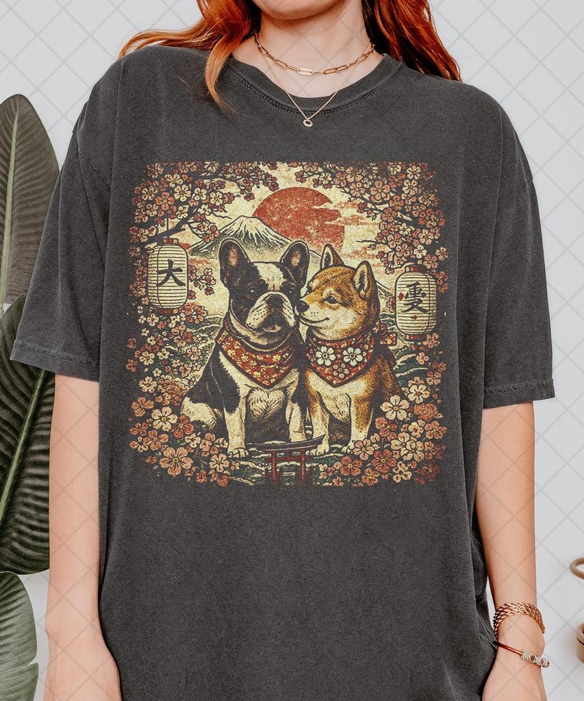 Comfort Colors Shiba Inu & French Bulldog Japanese Art T shirt, Sakura Dog Lover Tee, Vintage Ukiyo-e Style Dog Shirt, Japan Pet Lover Gift