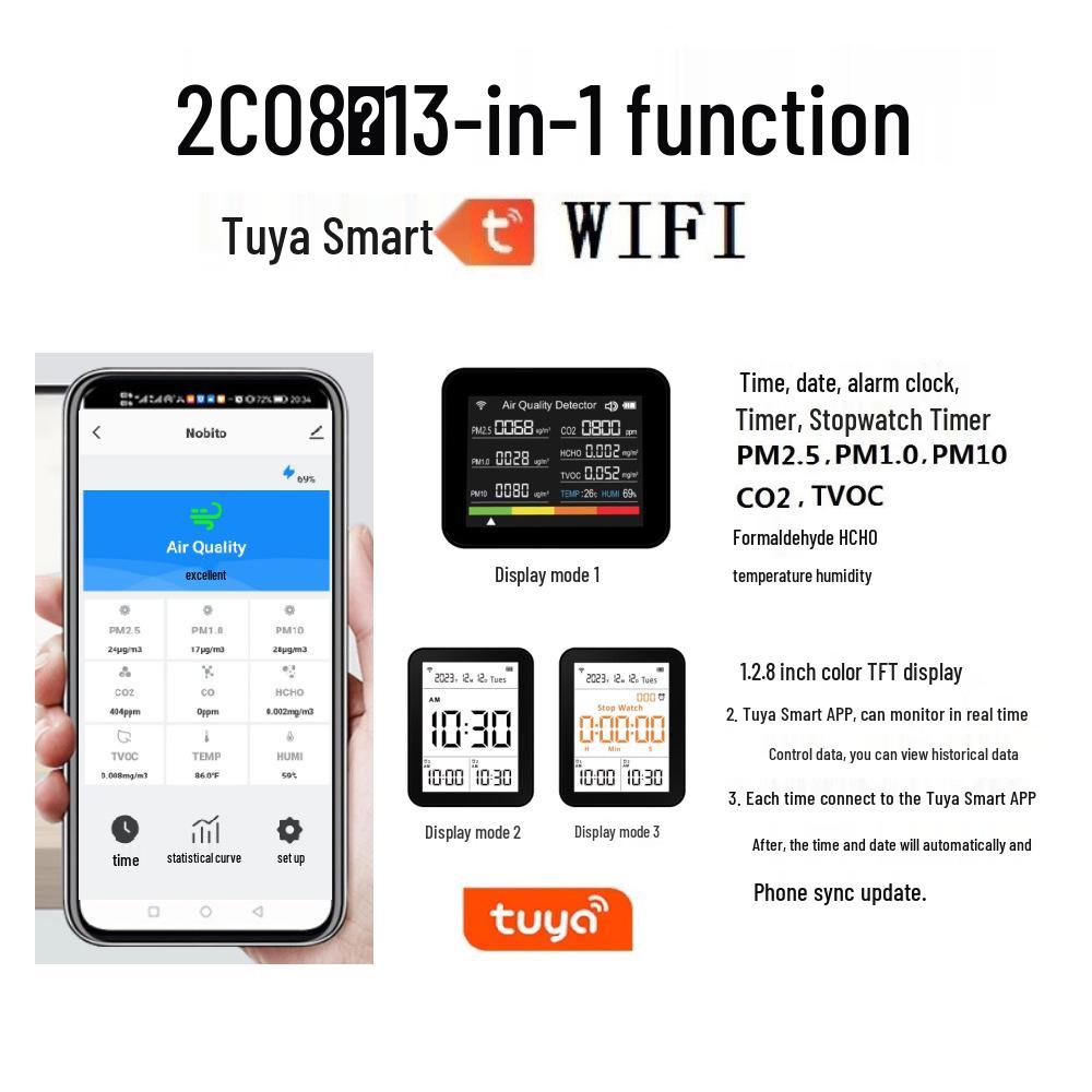 2CO8 13-в-1 Граффити Умный WiFi Детектор качества воздуха: CO2, PM2.5, Формальдегид, ЛОС