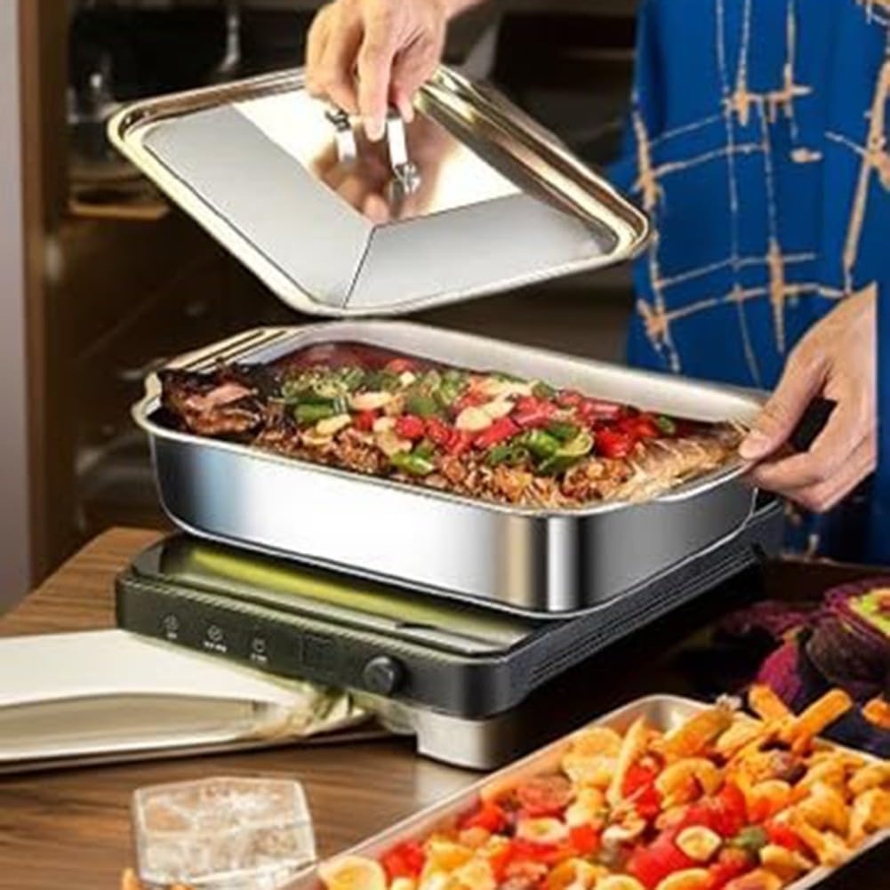 Stainless steel baking pan with lid  rectangular household baking pan  deepening tray 18x11 inch