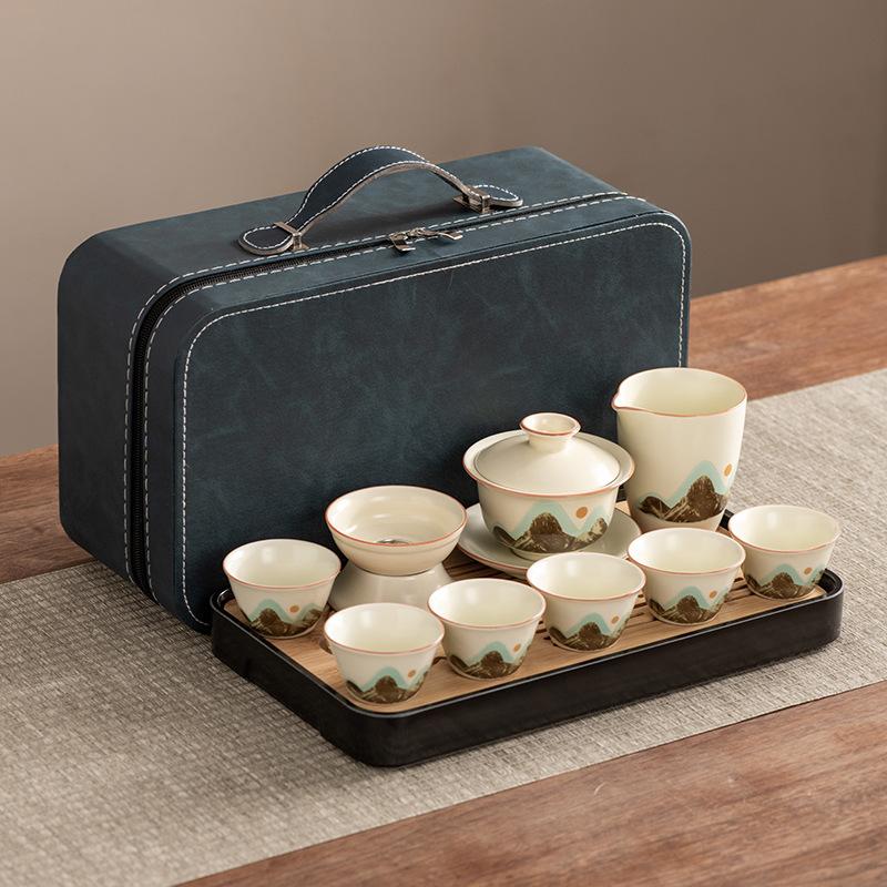 High-end Huang Ru Kiln Travel Kung Fu Tea Set Household Portable Cover Bowl Teacup Teapot Light Luxury Business Gifts