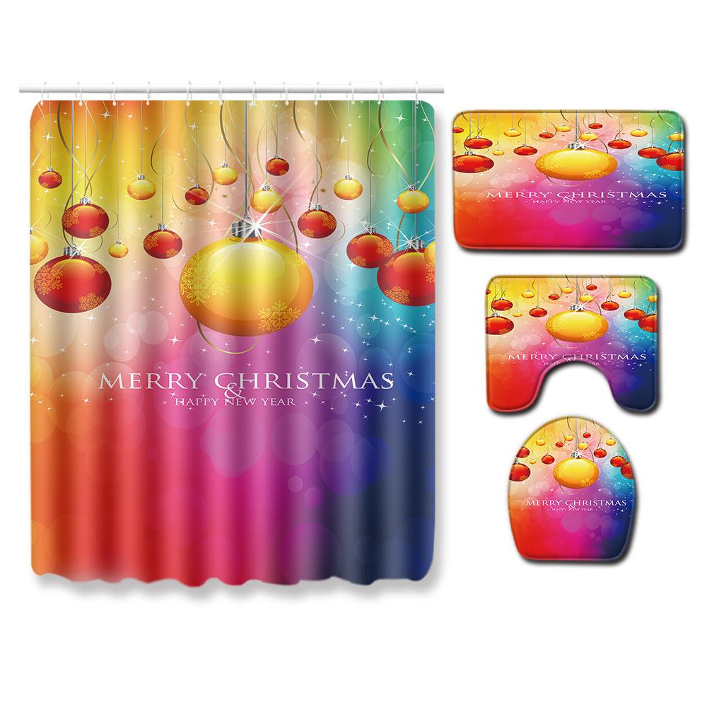 Christmas Shower Curtain Floor Mat Combination Four-Piece Set Bathroom Toilet Carpet Shower Room Mat Foot Mat