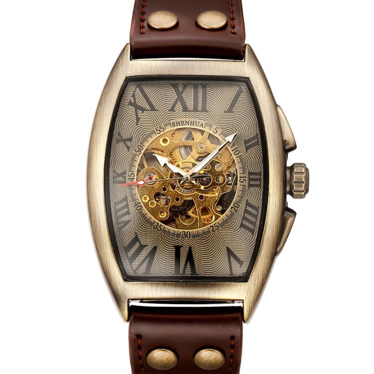 New Men's Mechanical Skin with Riveted Buckle Fashion Men's Bronze Watch