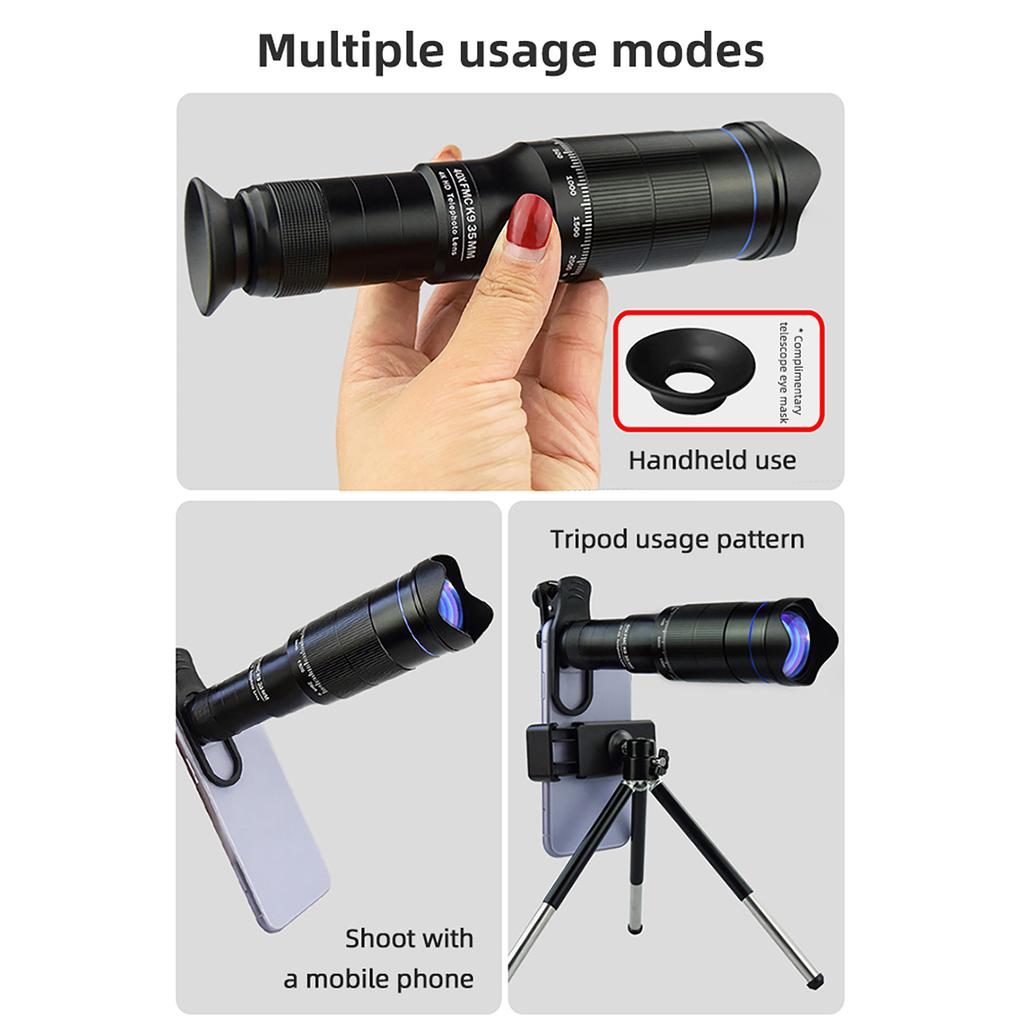 40X Mobile Phone Telephoto Lens Kit with Lens Clip + Phone Holder + Extendable Mini Tripod + Remote Shutter for Hiking