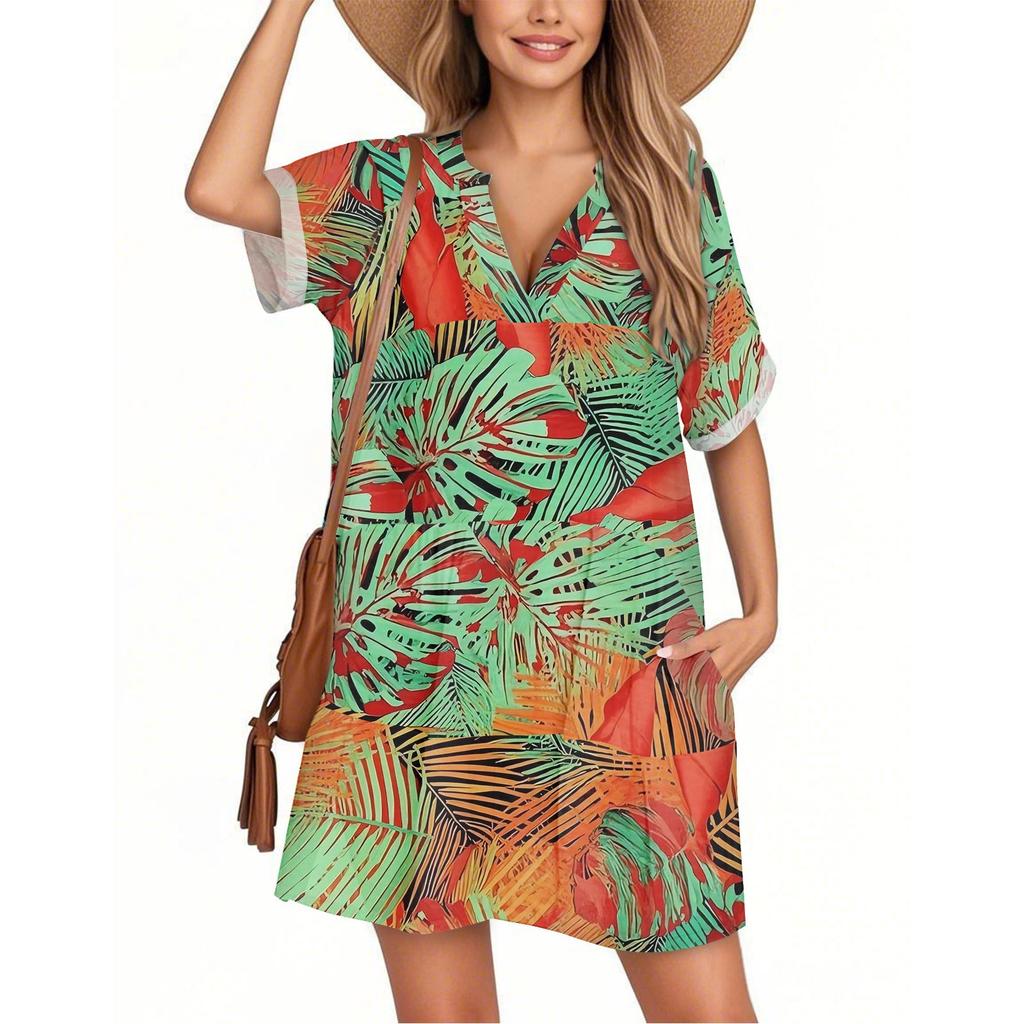 Women's Fashion Smock Hawaiian Floral Casual Short Sleeve V-neck T-shirt Dress Holiday Beach Dress
