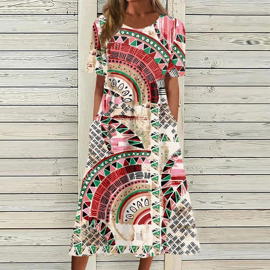 Жен. Повседневные платья Платья с принтами Летние платья С принтами Плиссированные платья-миди с круглым вырезом Классический Классический На открытом воздухе Повседневные С короткими рукавами Свободные платья