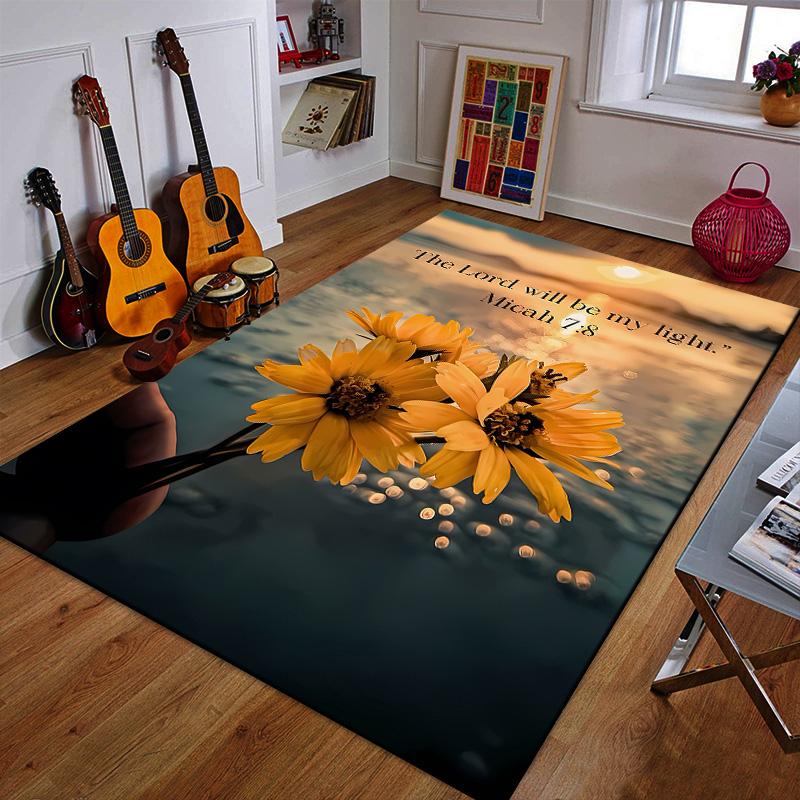 Yellow Flowers and Sunset with Bible Verse Patterned carpet a non slip rug suitable for all seasons and any setting, gift