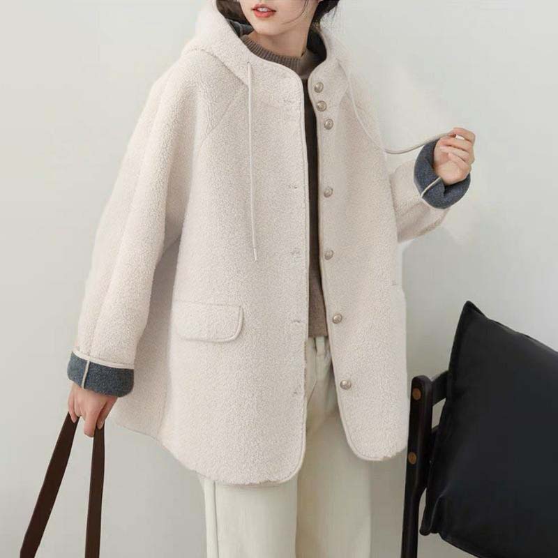 Женские свободные куртки с капюшоном из овечьей шерсти, повседневные однобортные толстые пальто, зимнее теплое пальто с длинным рукавом из гранулированного бархата