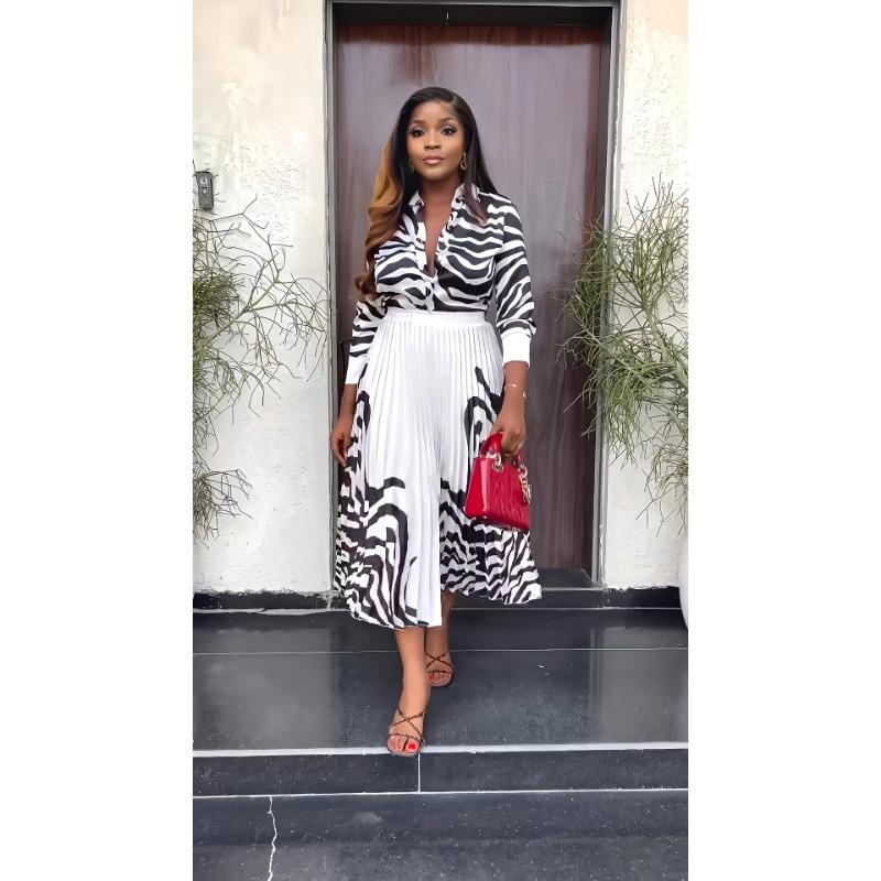 Весенне-летний женский костюм с длинными рукавами и принтом зебры, повседневный плиссированный полубоди с длинной юбкой