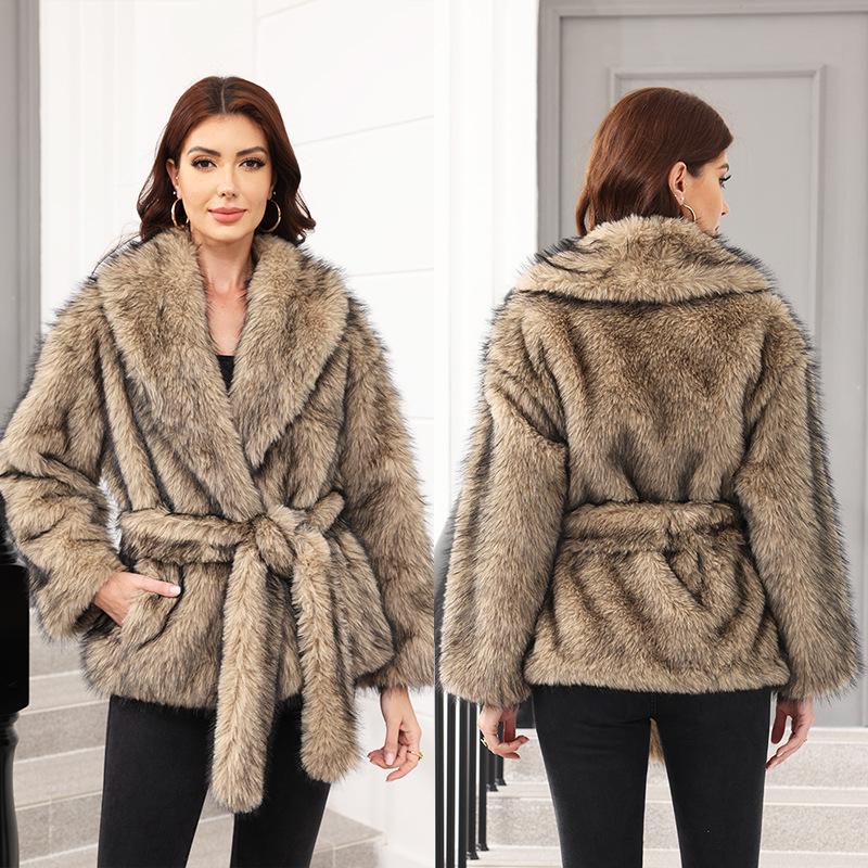Imitation fur belt belt medium and long coat trendy women's clothing warm and thickened fluff long sleeves watch dust