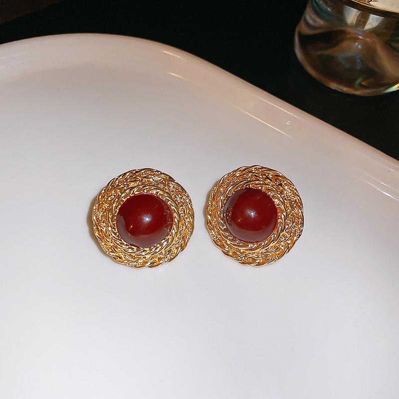 Ankara Red Stud Earrings: Silver Needle Drip Oil, Simple and Versatile Fashion for Women.