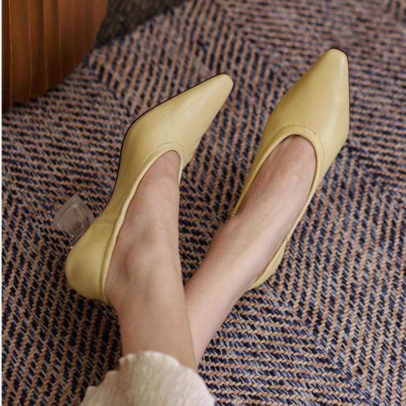 Women Pumps Natural Leather Shoes Plus Size 22-26.5cm Length Soft Sheepskin Pointed Crystal Heel Full Leather Shoes
