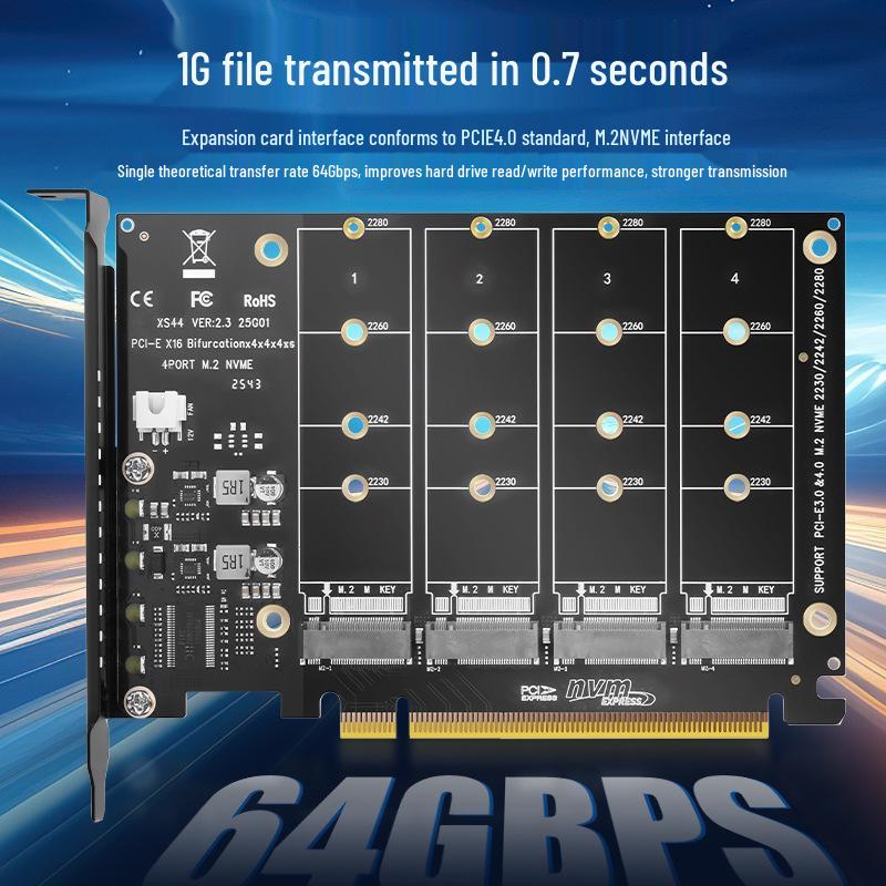 PCIe X16 Quad M.2 NVMe Expansion Card - 4-Bay RAID, Supports Software RAID, 2TB per Drive.