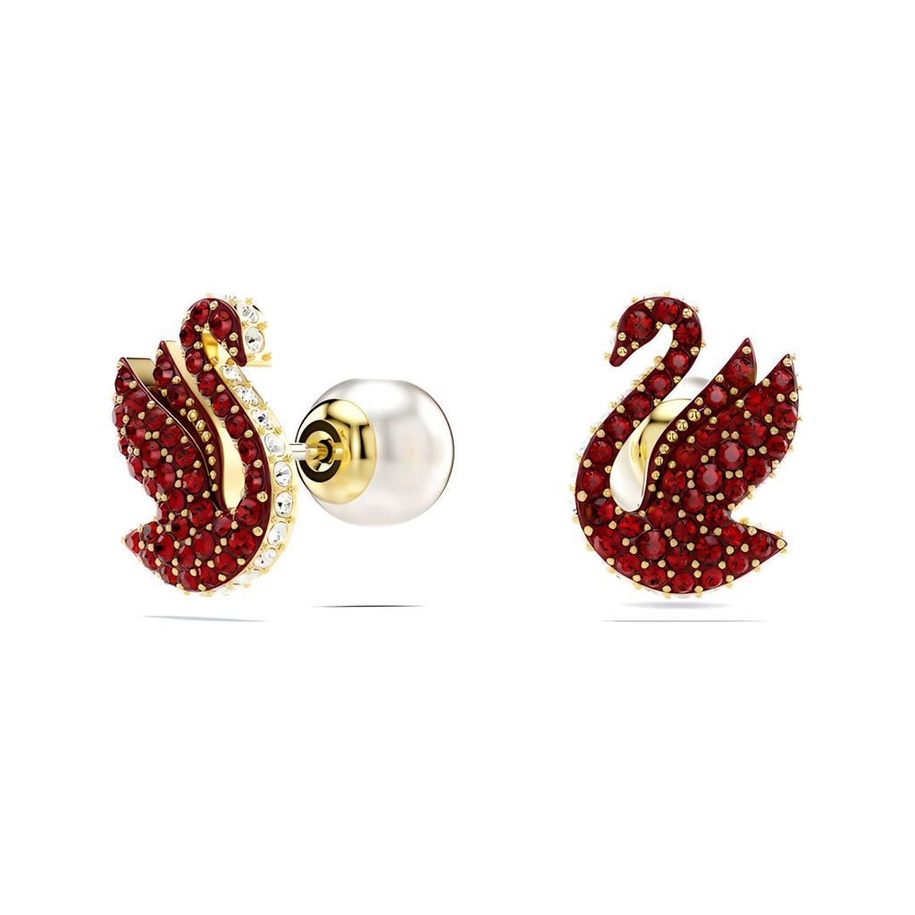 Swarovski Серьги с имитацией жемчуга и кристаллами, покрытие золото, декор в виде лебедя, женские, красные 5677597