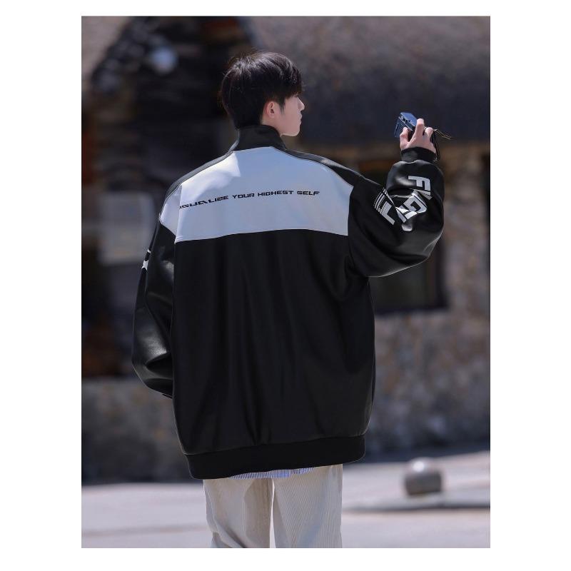 Autumn American Color Blocked Motorcycle Suit Leather Jacket Men's Trendy Spring and Autumn Versatile Loose and Handsome Jacket