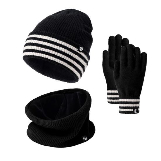 3Pcs/Set Winter Hat Scarf Gloves Set Striped Print Thickened Velvet