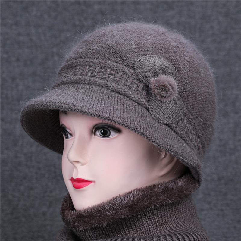 Женская шапка среднего и пожилого возраста, вязаная шерстяная шапка, шапки с цветами из кроличьей шерсти, осень и зима