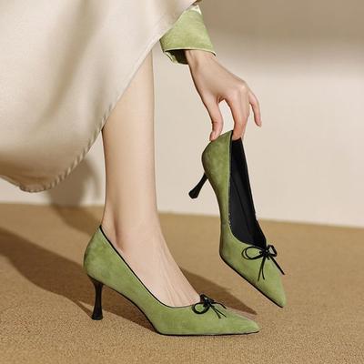 Мода НОВЫЕ Весенне-осенние Женские Туфли из Овчины Замши для Женщин Остроносые Туфли на Тонком Каблуке Элегантные Туфли Слипоны с Бантом