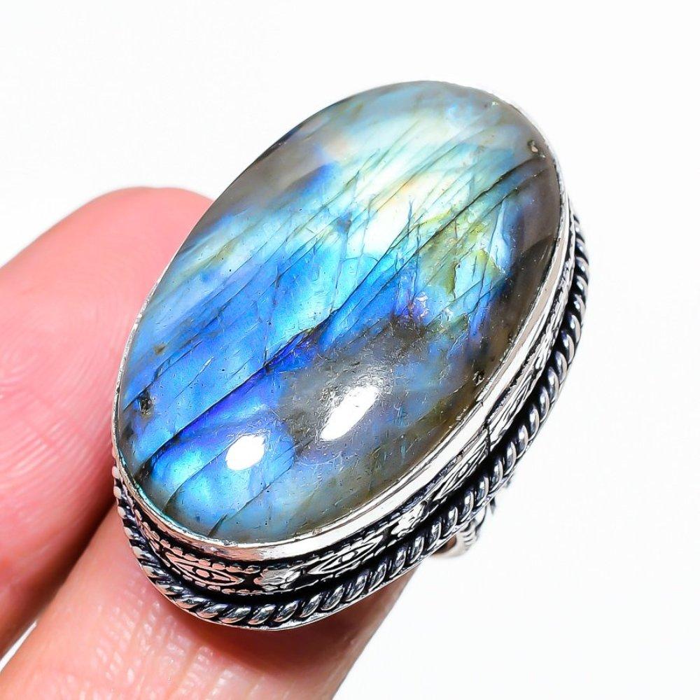 Кольцо из серебра 925 пробы с натуральным лабрадоритом, размер 6, ручная работа V9n43