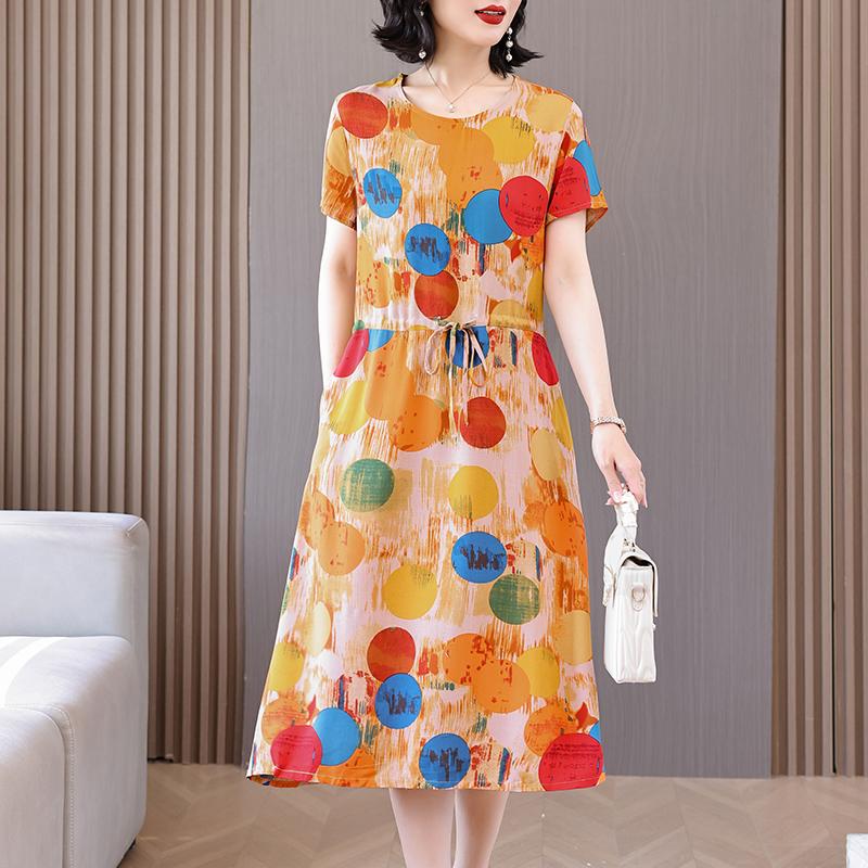 Летнее женское элегантное платье, новое повседневное платье в корейском стиле с коротким рукавом, женское длинное платье с винтажным принтом
