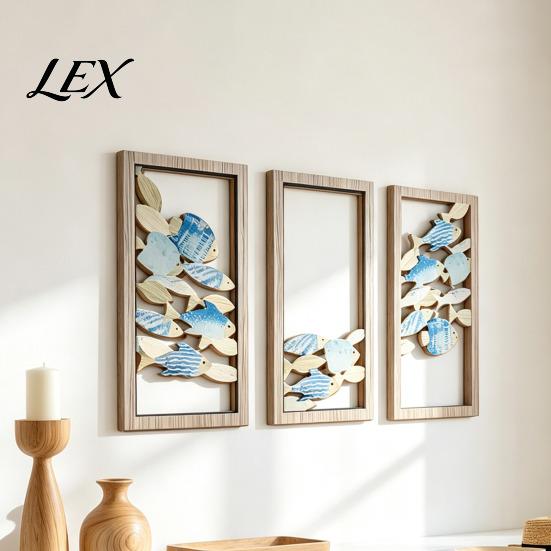 Nautical Bathroom Decor Decorative Fish Sign, Wooden Hollow Ocean Themed Wall Art, with Adhesive Kids Room Tape No Drill for Living Bedroom