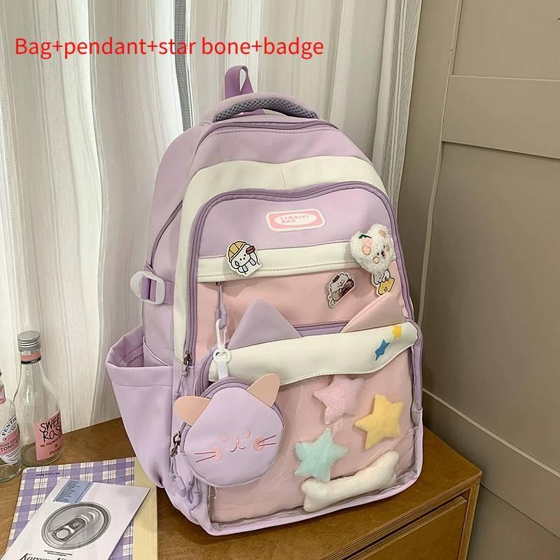 Color Fashion Blocked Cat Ear Design Student Backpack With Pendant And Badge