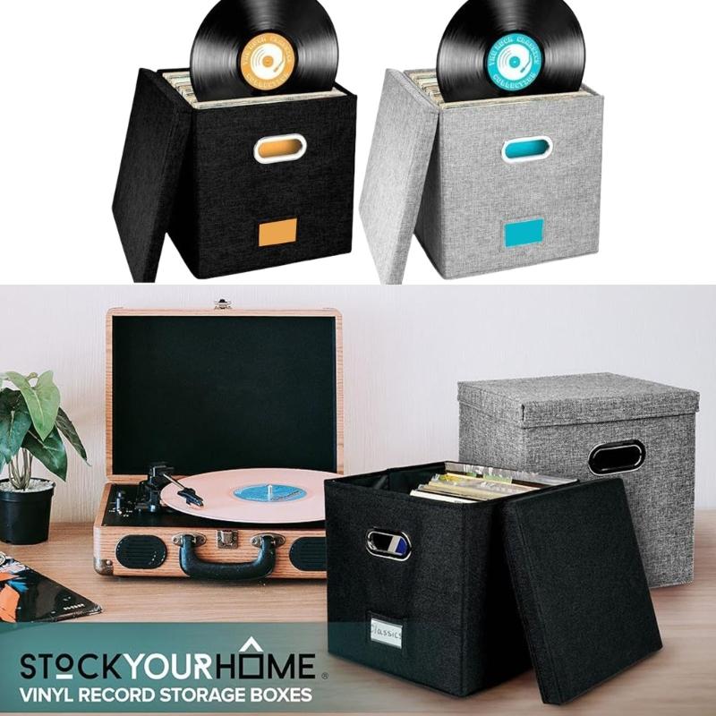Record Storage Box 12.99Inch Holder with Lid and Handles Large Capacity Organizers for Albums Magazines and Files