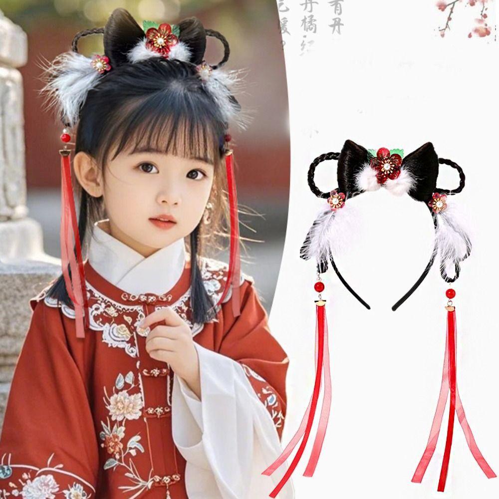 Tassel Children Wig Headband Flower New Year Hair Accessories Hanfu Headwear  Year of the Horse
