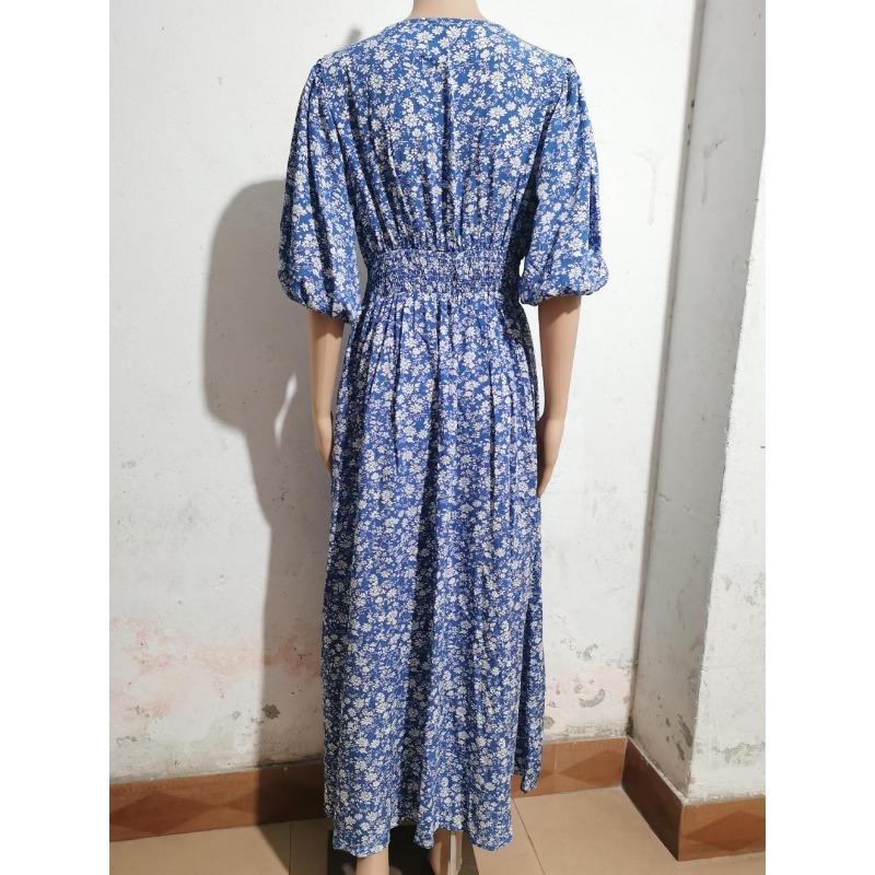 Женские летние свободные платья с v-образным вырезом и рукавами-фонариками на талии