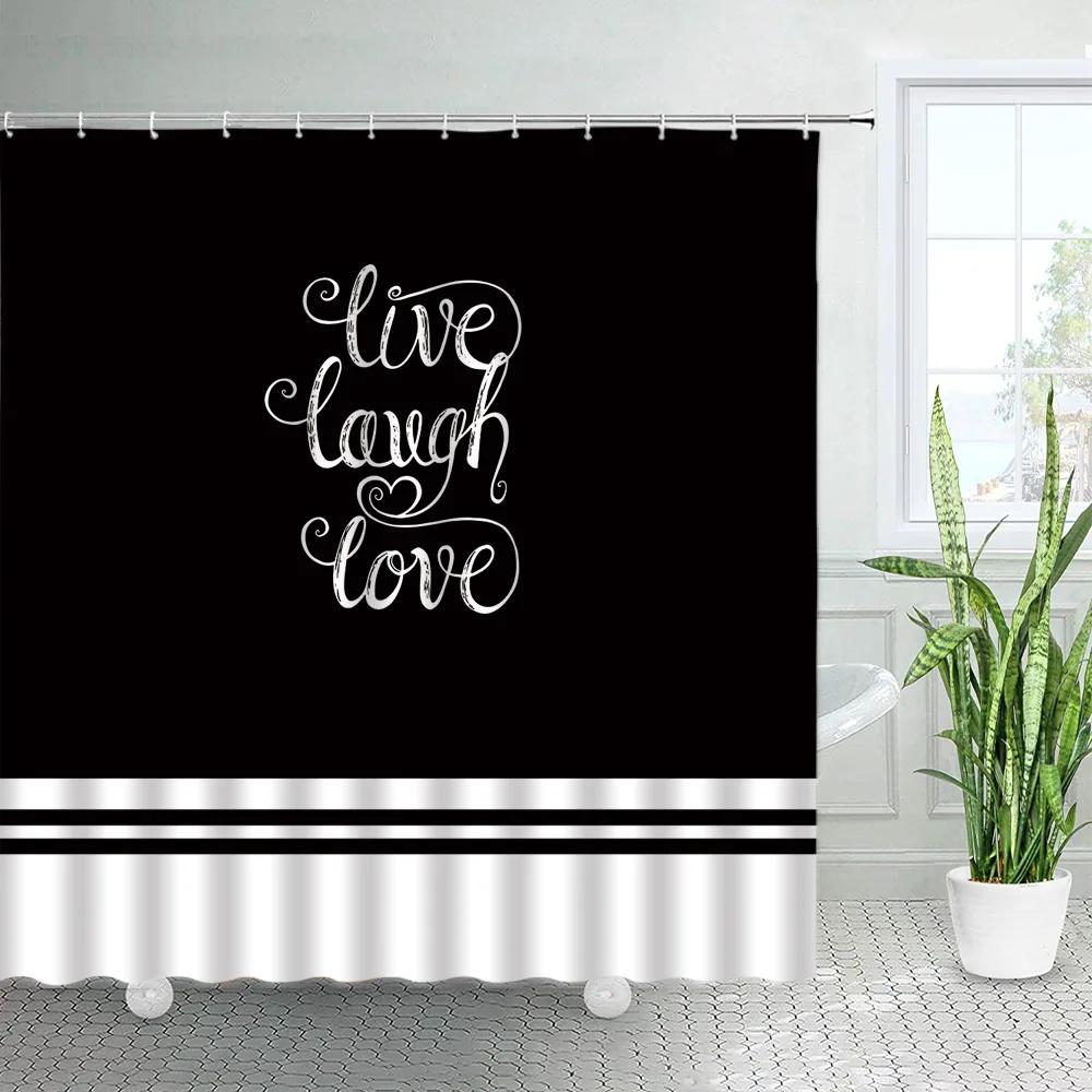 Черно-белые шторки для душа Live Laugh Love Простые вдохновляющие цитаты Полосатая ткань в деревенском стиле Набор для декора ванной комнаты Крючки