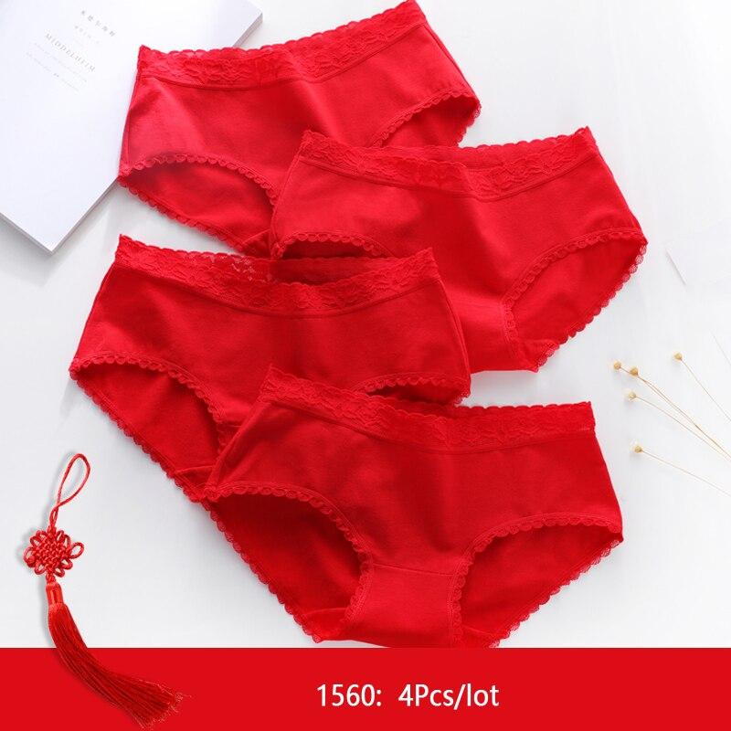 4Pcs Women's Panties Luck Red Underwear Cute Bow Girls Breathbale Cotton Briefs Size M-XXL