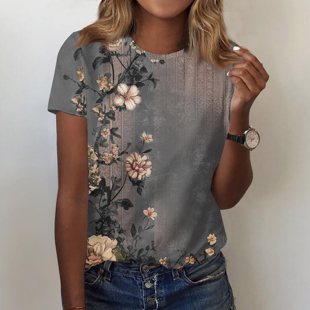 Women's Fashion Casual Printed Round Neck Short Sleeved T-Shirt Top T-Shirt Top Top