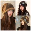 Vintage Maillard coffee knitted plush hat women's winter warm and cold ear protection cold hat big head circumference stacking hat