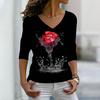 Women Autumn Floral Water Flower Rose Printed Long Sleeve T-Shirts Loose V-Neck Plus Size Tee Shirt Tops Comfy Blouse