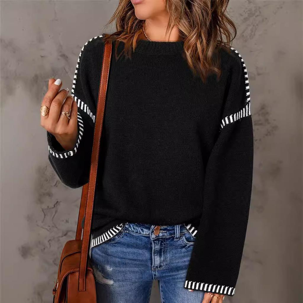 Women Sweater Elegant O-neck Long Sleeve Pollover Winter Patchwork Ladies Commuter Outwear