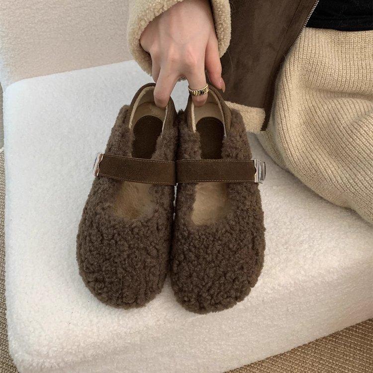 Туфли из овечьей шерсти женские для ношения на улице зимой осенью и зимой новые нежные феи ветер бархатные теплые хлопковые туфли на плоской подошве туфли Мэри Джейн