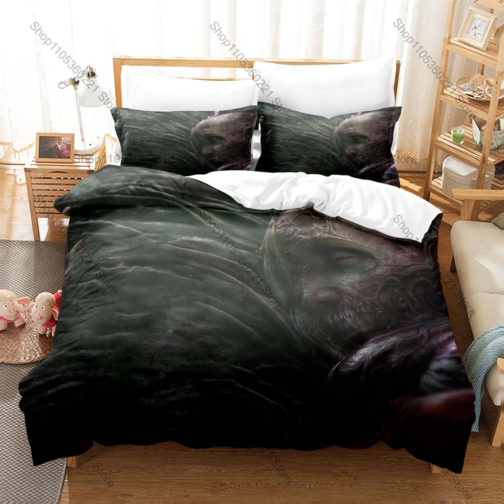 Scorn Game Horror Bedding Set, Duvet Cover & 2 Pillowcases, Giger Style Sci-Fi Body Horror Design All Season Bedding