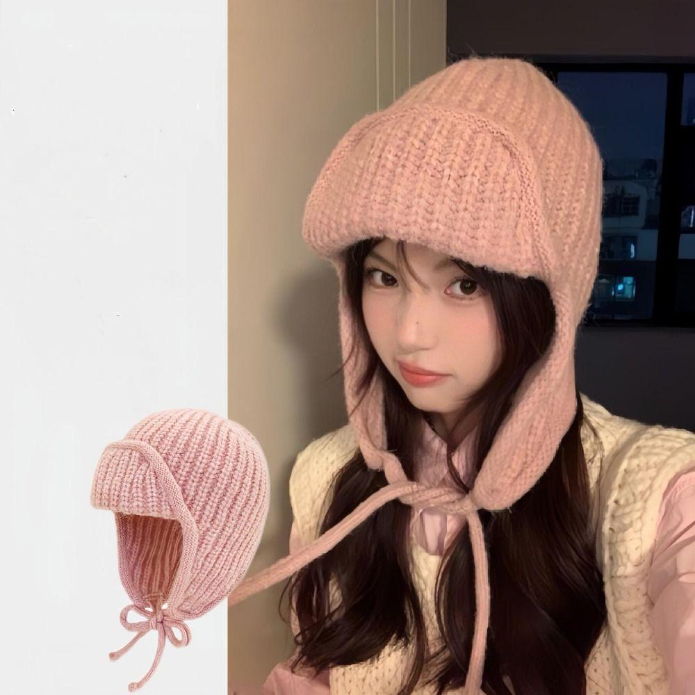 Solid Color Knitted Woolen Hat Korean Style Woolen Crochet Cap Casual Knitted Flying Cap  Outdoor