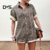 Women Summer Romper Leopard Print Short Sleeves Turn-down Collar Short Sleeves Single-breasted Loose Vacation Style Short Romper