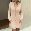 Women's Deep V-Neck Sweater Dress Sexy Knitted Button Long Sleeve A-Line Fashion Dress