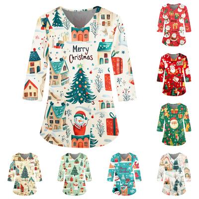 Женский свободный рабочий топ с V-образным вырезом и карманом, рождественским принтом и рукавом три четверти