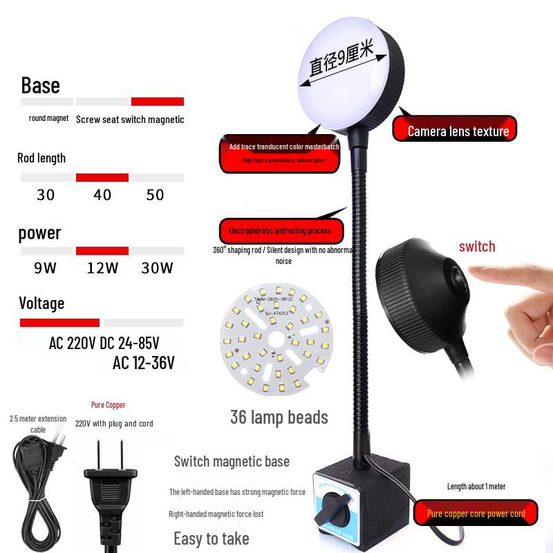 220V LED Work Light with Magnetic Base for Lathe, Punch Press, Injection Molding, and 24V Equipment