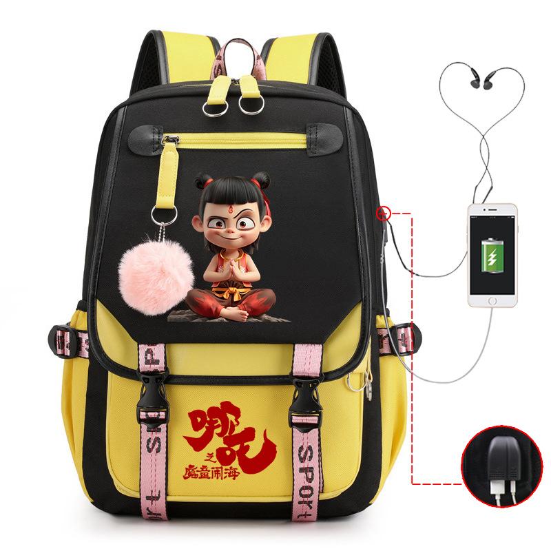 Мультяшный рюкзак Nezha многофункциональный с портом USB-зарядки для студентов