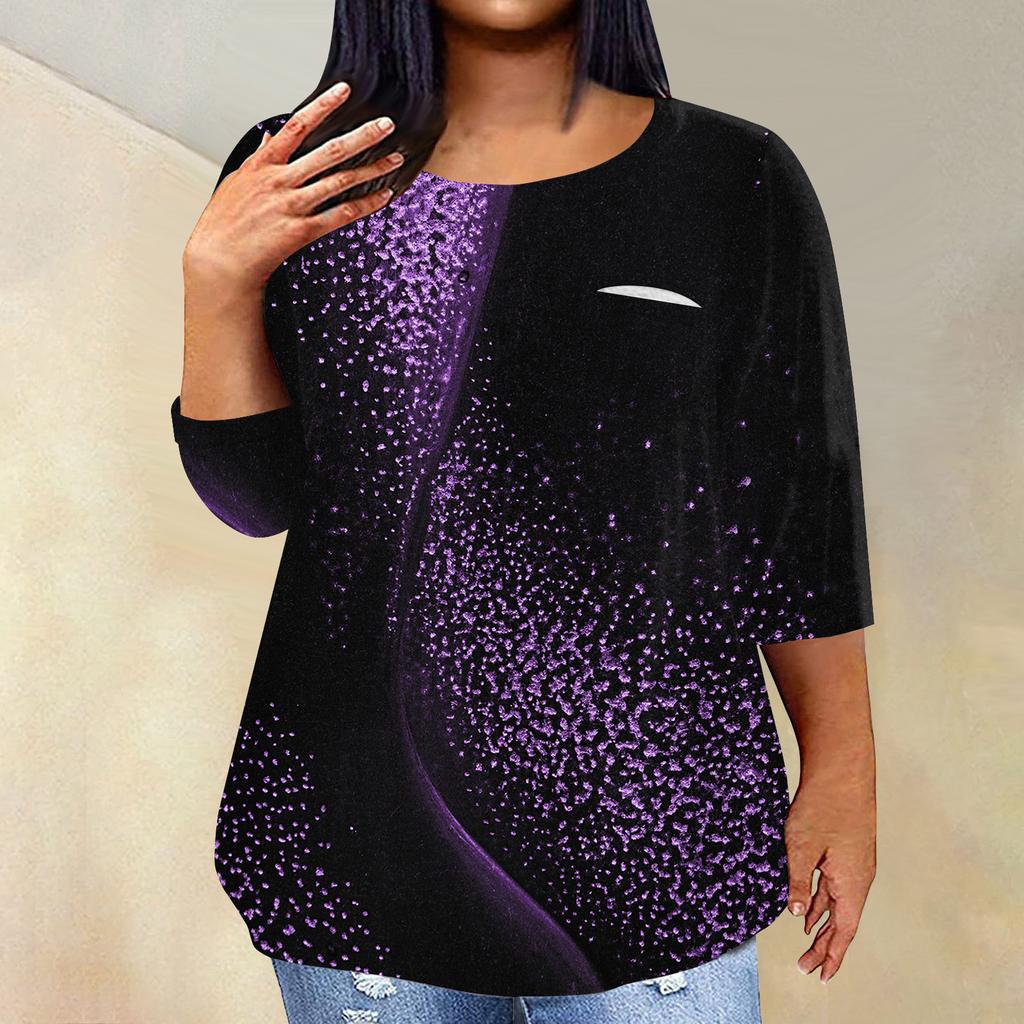 Women's Fashionable Casual Three Quarter Sleeve Printed Round Neck Pullover 4/3 Sleeve Top